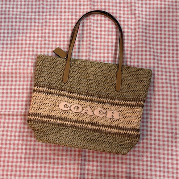 Coach Handbags - Coach Woven Straw Tote in Brown and Pink
